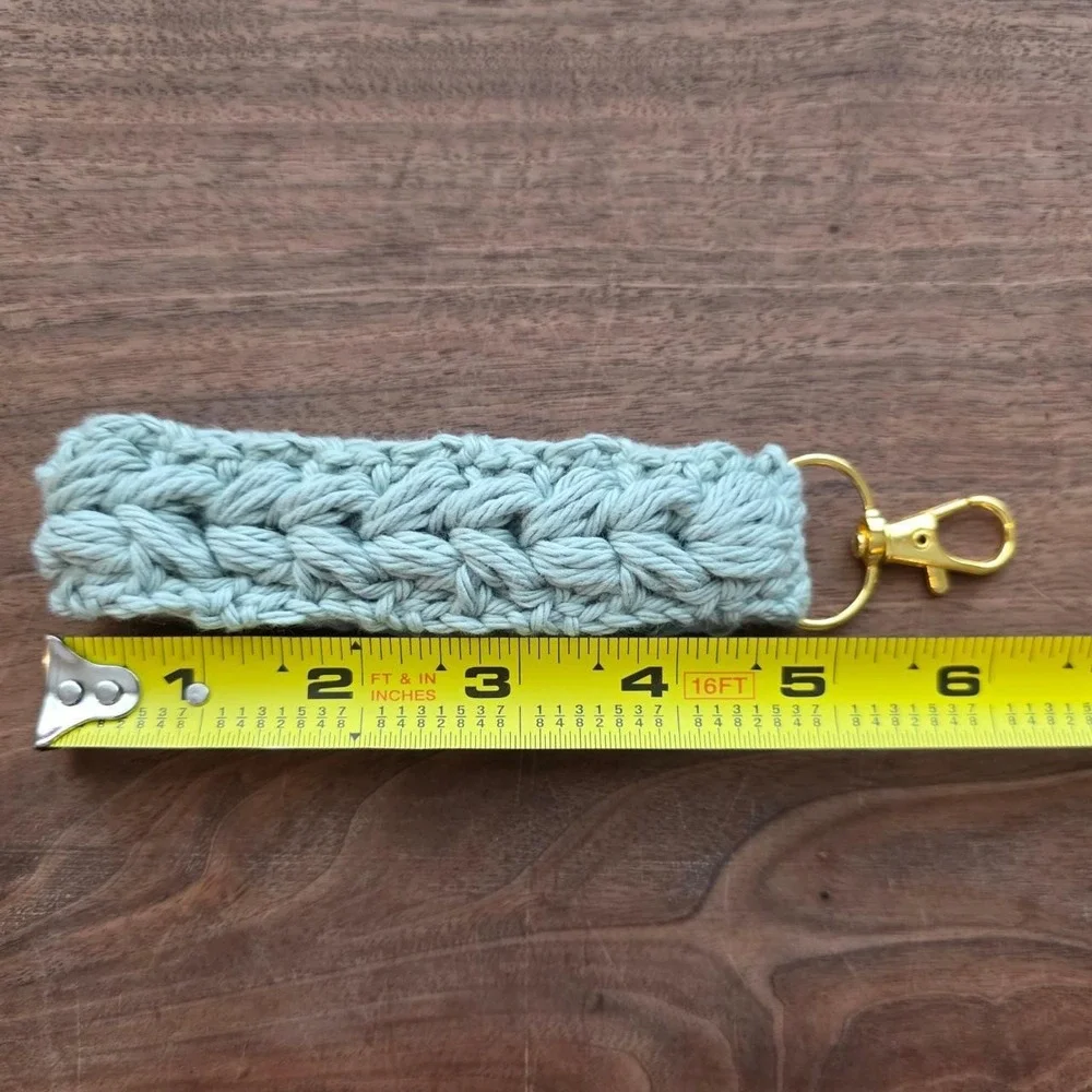 Handmade Crochet Wristlet Key Fob Sage Green Cotton Floral Puff Gold Clasp